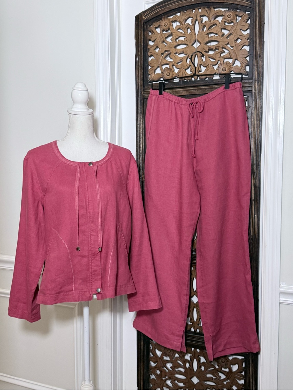 J.Jill 100% Linen Two Piece Set Dusty Red Jacket Wide Leg Pants Relaxed M